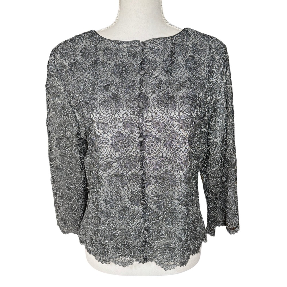 Talbots Silver Metallic Floral Lace Button Front Evening Top Women's 14 Formal